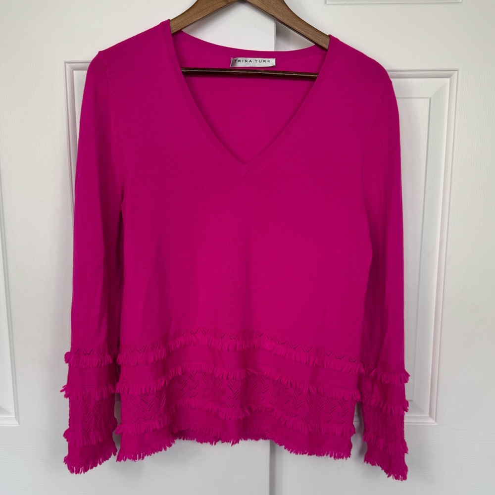 Trina Turk 100%‎ Merino Wool Fringed Bright Pink Sweater Size Unknown